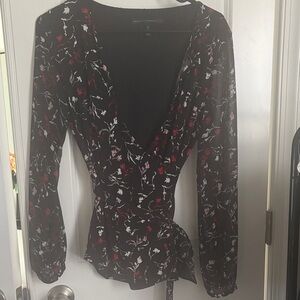 White House Black Market Floral Wrap Blouse - Black and Red